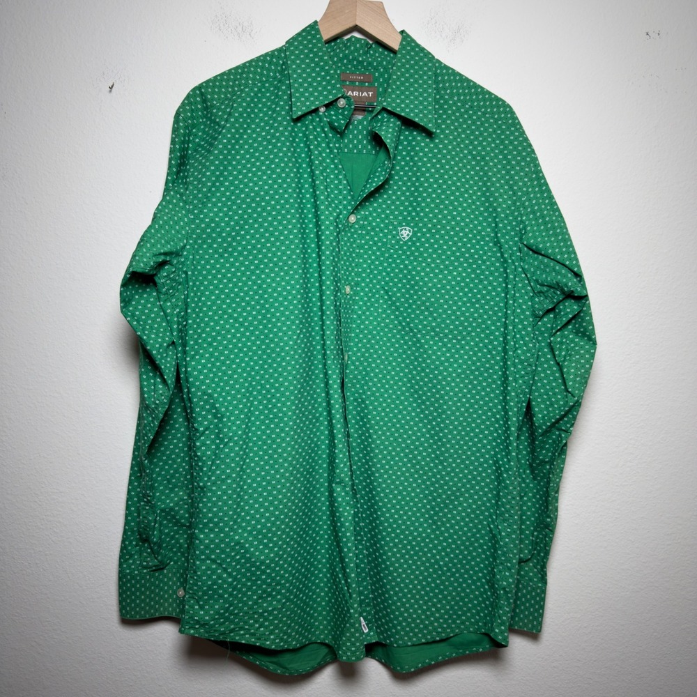 Ariat Men 100% Cotton Button Down Shirt Large Green Geometric Fitted Long Sleeve
